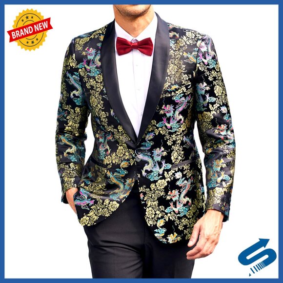 Men's Floral Embroidered Tuxedo Blazer for Wedding Party Formal Events